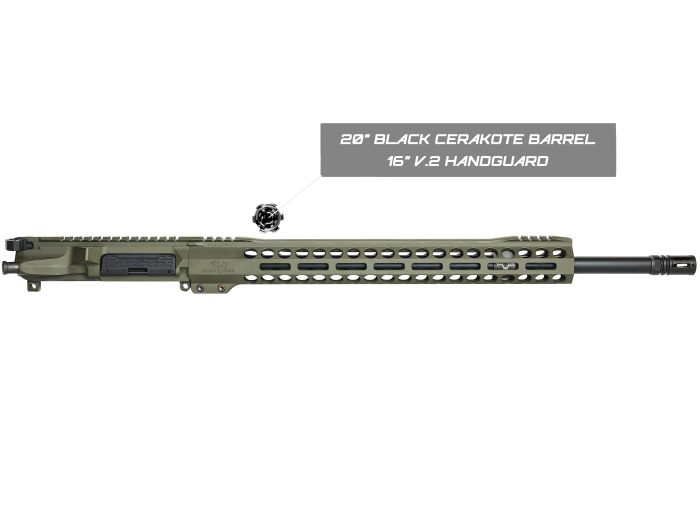 Rifle upper receiver with green handguard and black Cerakote barrel labeled with specs.
