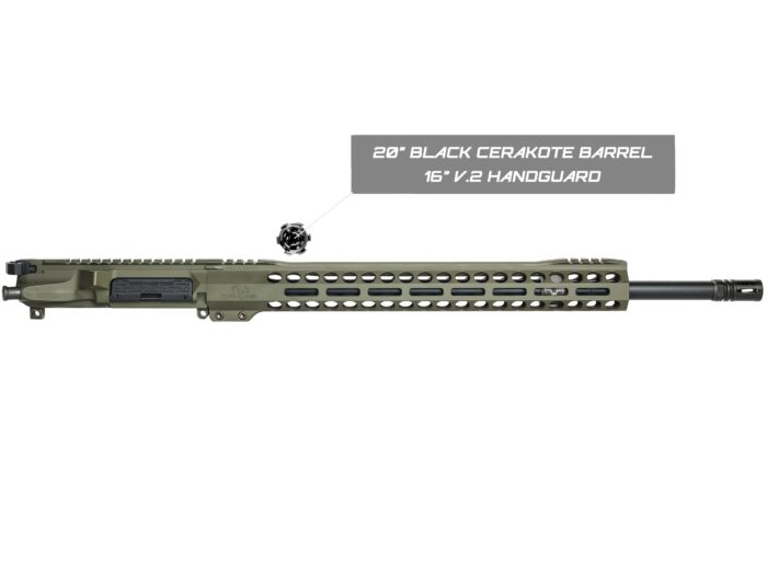 Rifle upper receiver with green handguard and black Cerakote barrel labeled with specs.