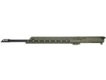 Side view of a rifle upper receiver with long barrel and olive drab handguard.