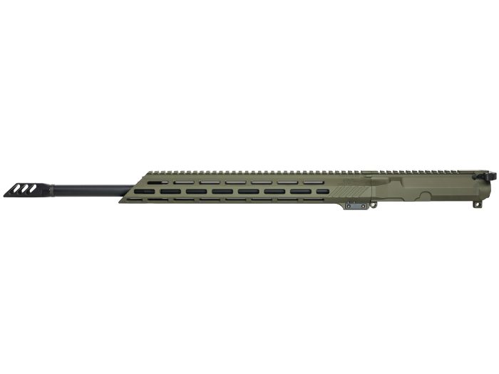 Side view of a rifle upper receiver with long barrel and olive drab handguard.