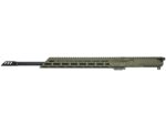Side view of a rifle upper receiver with long barrel and olive drab handguard.