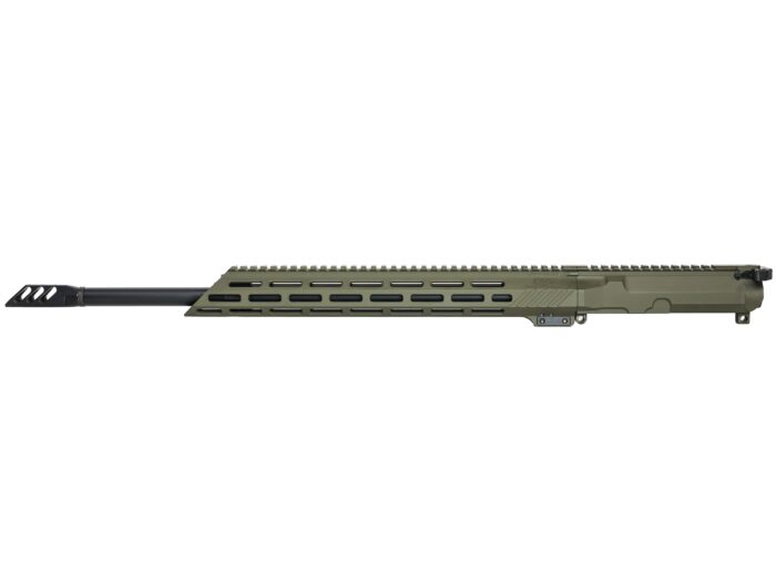 Side view of a rifle upper receiver with long barrel and olive drab handguard.