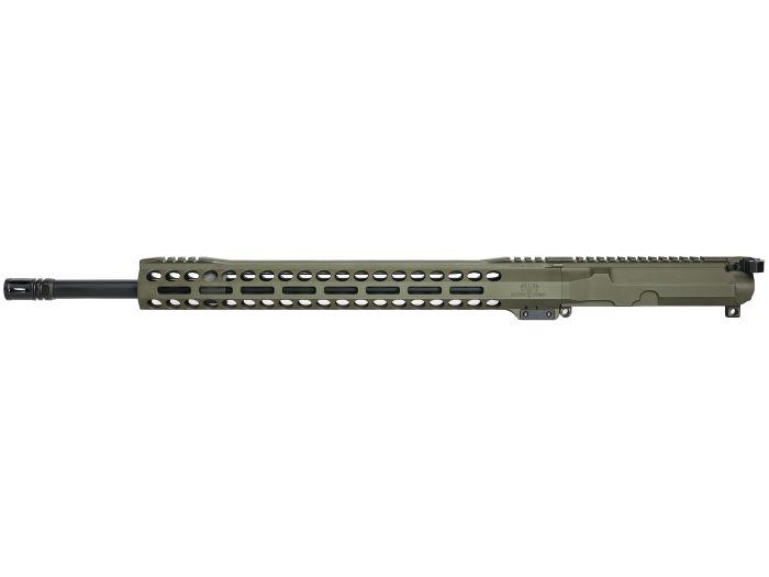 Side view of a green rifle upper receiver assembly on a white background.