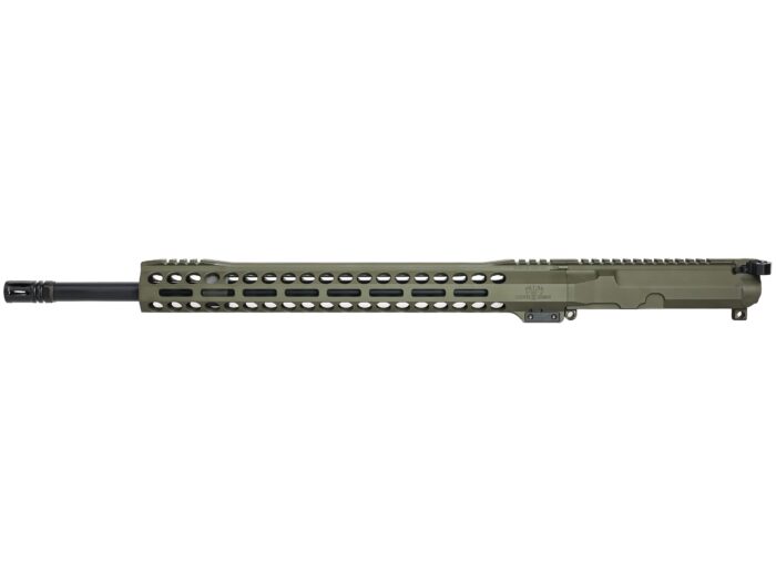 Side view of a green rifle upper receiver assembly on a white background.