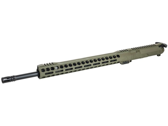 Modern rifle upper receiver with long handguard and barrel in olive drab color.