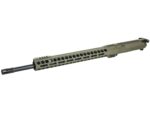 Modern rifle upper receiver with long handguard and barrel in olive drab color.