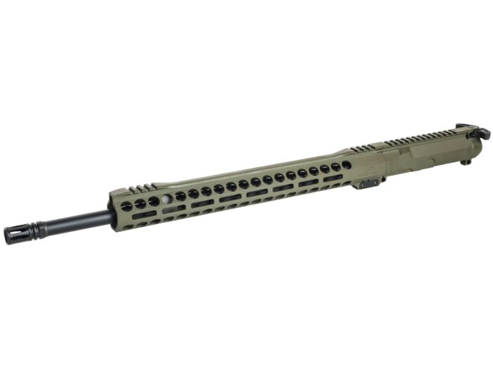 Modern rifle upper receiver with long handguard and barrel in olive drab color.