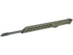 Olive drab rifle upper receiver assembly with barrel and muzzle brake on white background.
