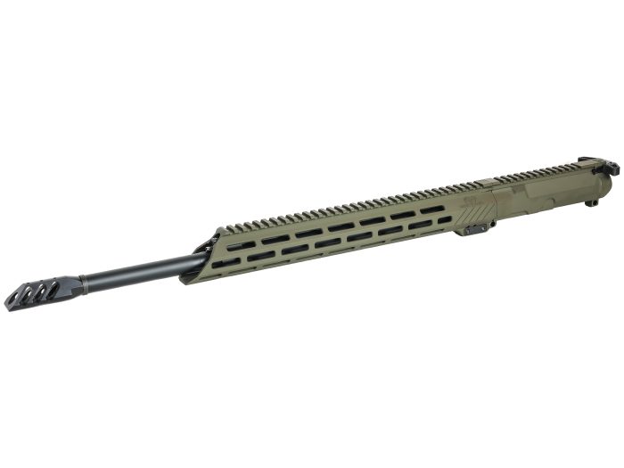 Olive drab rifle upper receiver assembly with barrel and muzzle brake on white background.