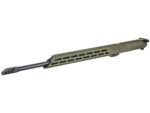Olive drab rifle upper receiver assembly with barrel and muzzle brake on white background.