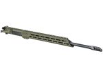 Olive green rifle upper receiver with long barrel and muzzle brake on white background.