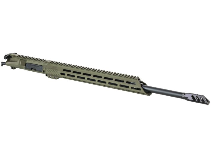Olive green rifle upper receiver with long barrel and muzzle brake on white background.