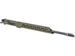 Olive green rifle upper receiver with long barrel and muzzle brake on white background.