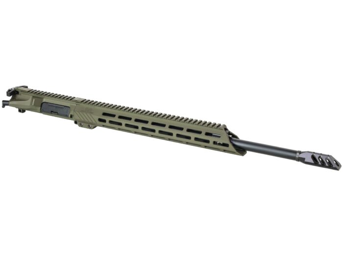 Olive green rifle upper receiver with long barrel and muzzle brake on white background.