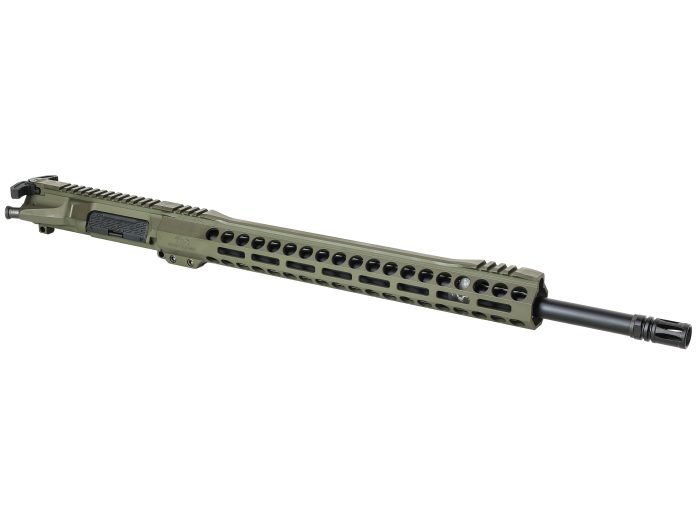Olive drab rifle upper receiver with vented handguard and black barrel on white background.