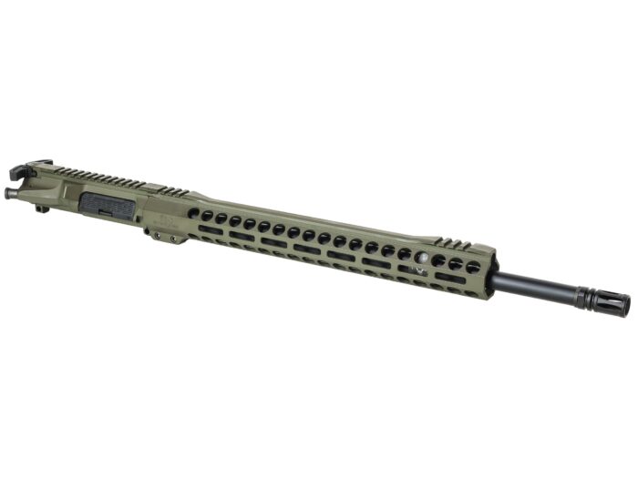 Olive drab rifle upper receiver with vented handguard and black barrel on white background.