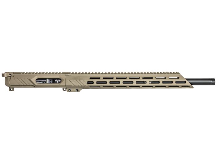 Tan rifle upper receiver assembly with ventilated handguard and exposed barrel on white background.