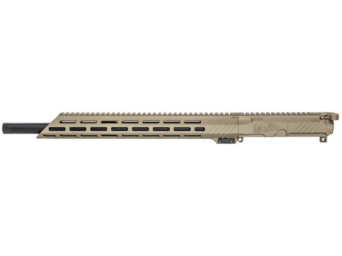 Flat dark earth rifle upper receiver assembly with black barrel on white background.