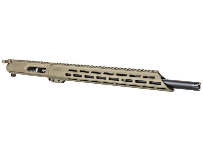 Tan rifle upper receiver with black barrel shown on a white background.