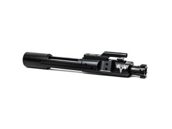 Black bolt carrier group with engraved deer skull logo on a white background.