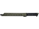 Side view of a firearm upper receiver with an olive drab handguard and black elements.