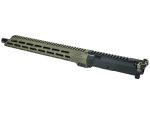 Olive green and black rifle upper receiver with rail system on white background