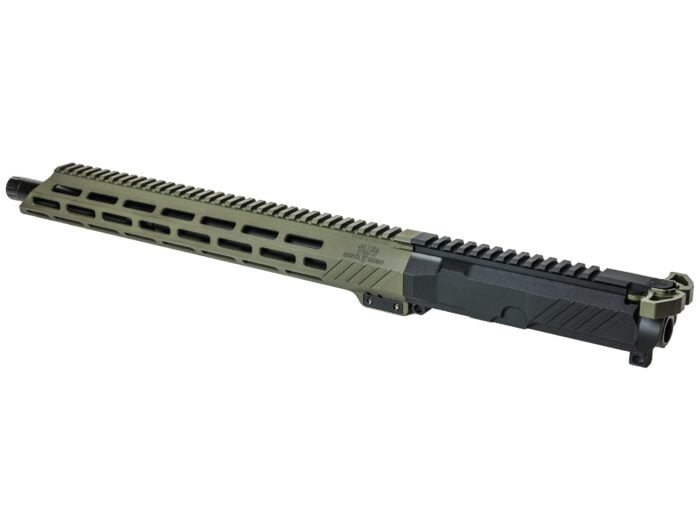 Olive green and black rifle upper receiver with rail system on white background