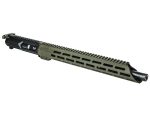 Olive green and black rifle upper receiver assembly with long rail and barrel isolated on white background.