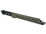Olive green and black rifle upper receiver assembly with long rail and barrel isolated on white background.