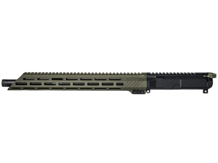 Side view of a firearm upper receiver with an olive drab handguard and black elements.