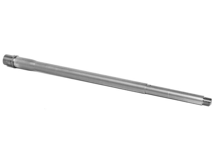 Stainless steel rifle barrel on white background.