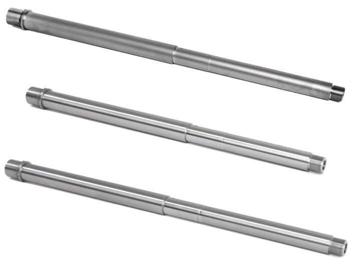 Three stainless steel rifle barrels displayed on a white background.