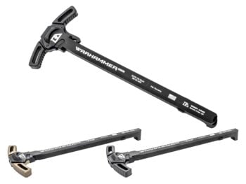 Three Warhammer AR-15 charging handles in different colors on a white background.