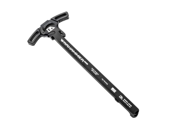 Warhammer branded black firearm charging handle on a white background