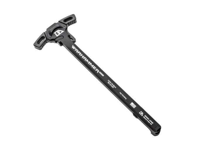 Black Warhammer charging handle for firearm on white background