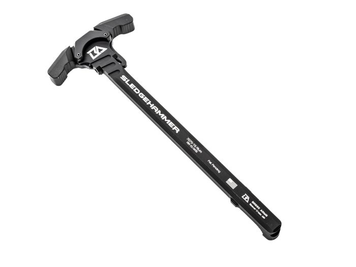 Black Sledgehammer charging handle for firearm shown on white background.