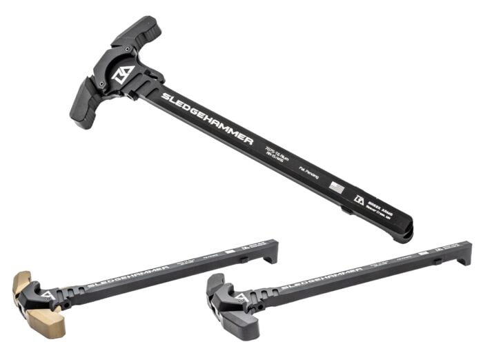 Three SLEDGEHAMMER charging handles for firearms displayed on a white background.