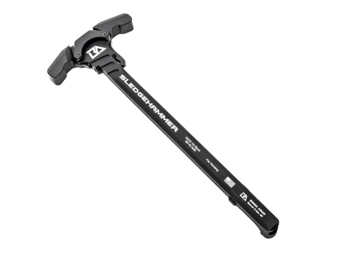 Black Sledgehammer charging handle for firearm shown on white background.