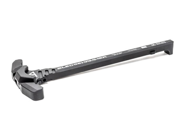Black charging handle labeled SLEDGEHAMMER on a white background.