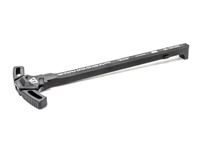 Black Warhammer charging handle for firearm on white background