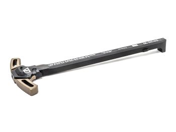 Black and bronze AR-15 charging handle labeled 'WARHAMMER' on a white background.