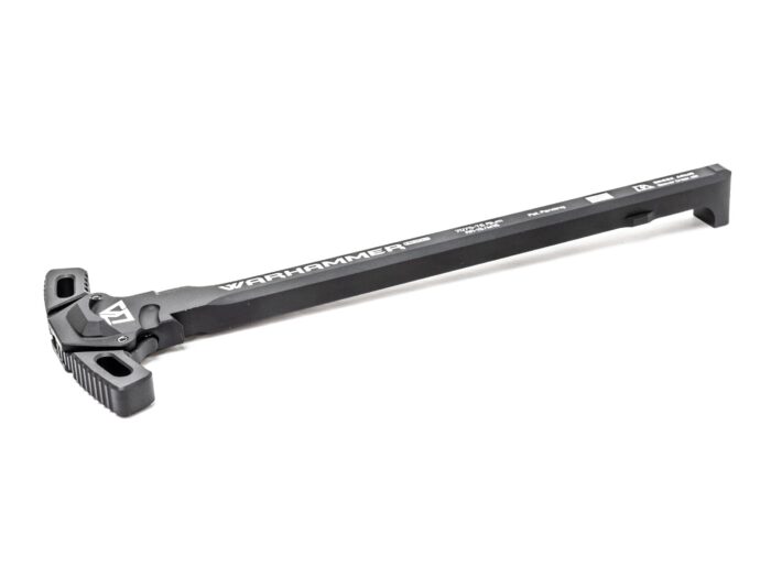 Black WARHAMMER branded firearm charging handle on white background