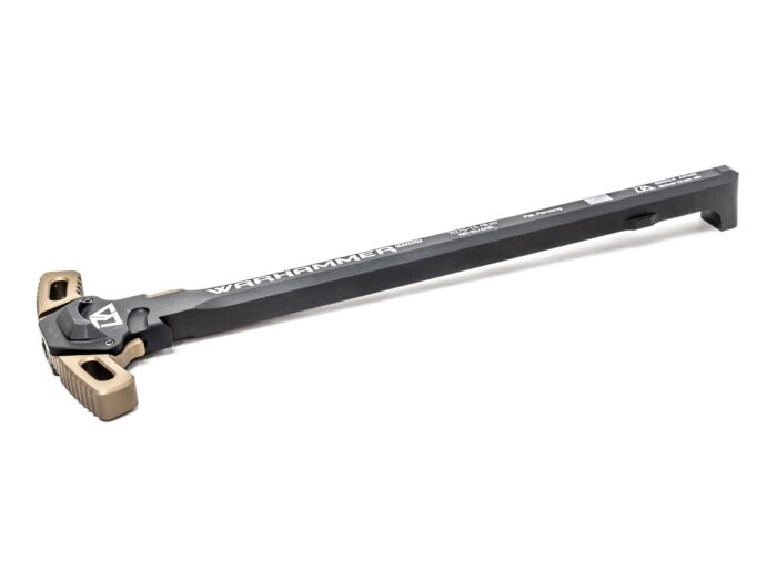 Warhammer charging handle for rifle with tan and black finish on white background.