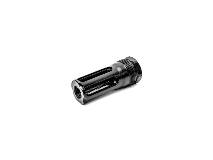 Black metal firearm muzzle device isolated on white background