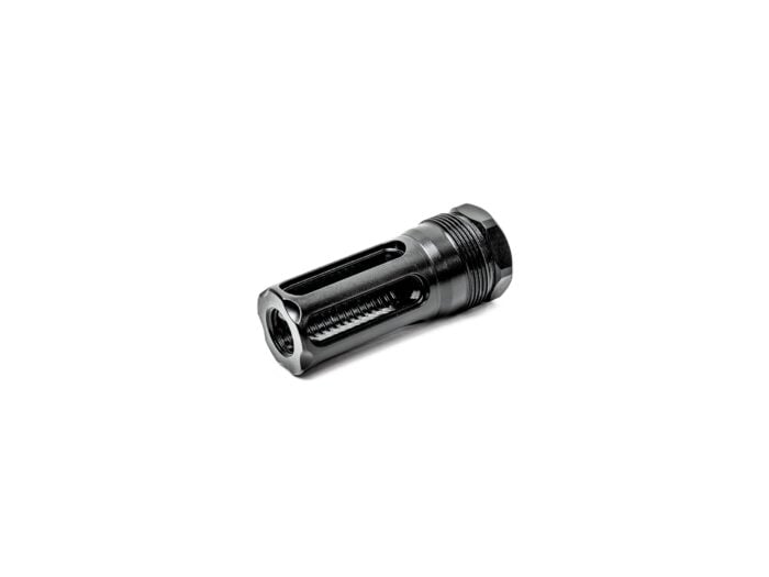 Black metal firearm muzzle device isolated on white background