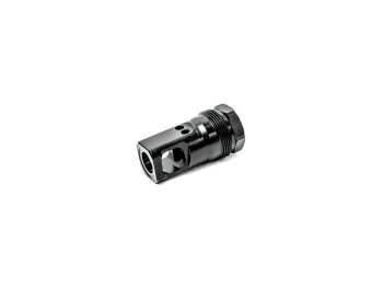 Black metal firearm muzzle brake isolated on white background