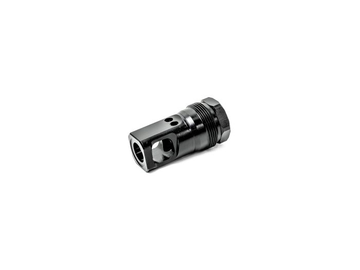 Black metal firearm muzzle brake isolated on white background