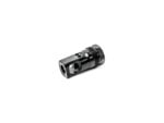 Black metal firearm muzzle brake isolated on white background