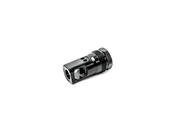 Black metal firearm muzzle brake isolated on white background