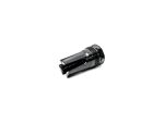 Black metal firearm muzzle device on white background